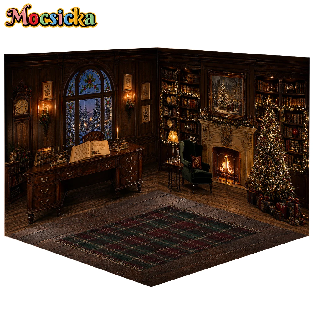 Mocsicka Photography Backdrop Dark Wood Library Christmas Retro Study Room Fireplace Bookshelf Xmas Tree Family Photo Background