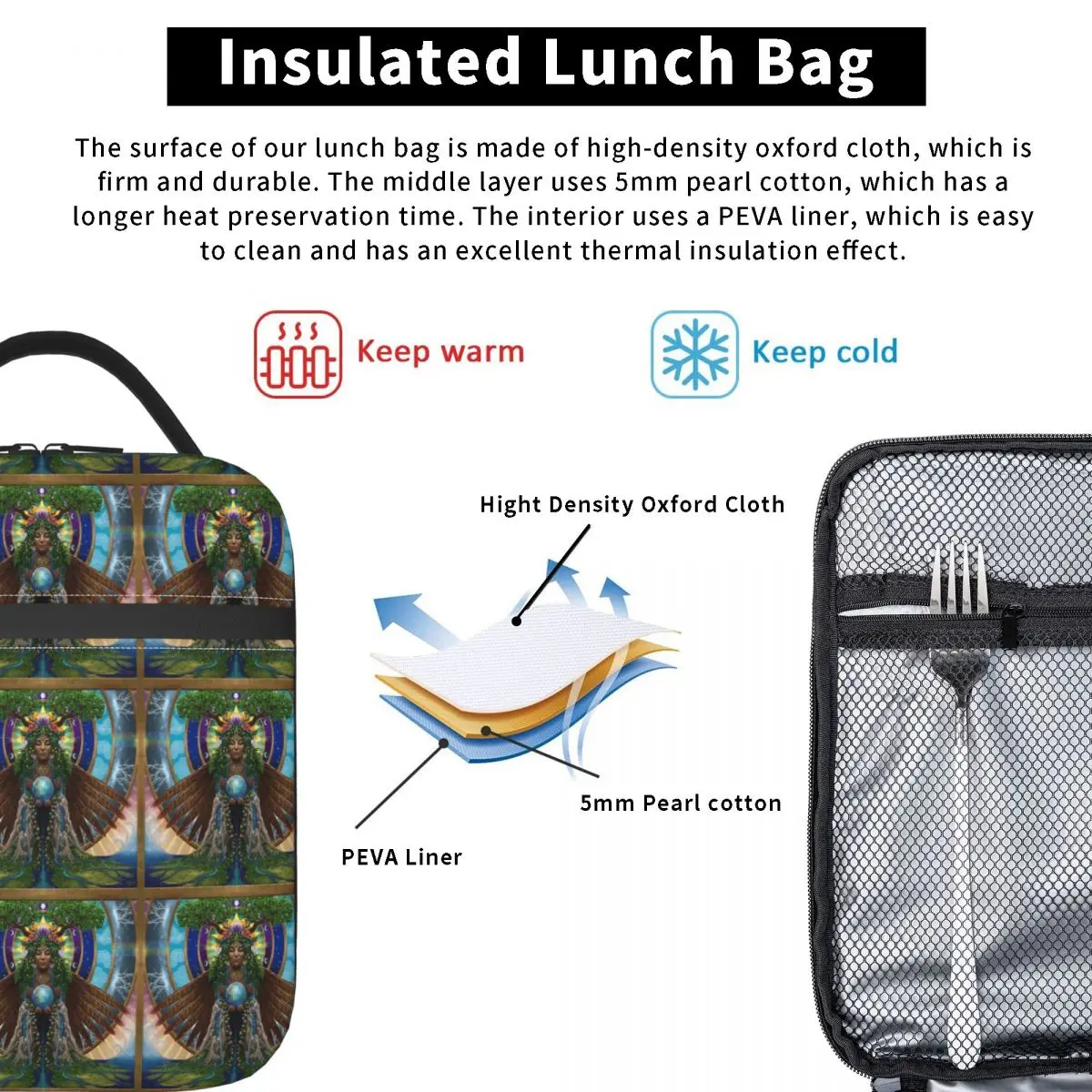 Gaia Sacred System Insulated Lunch Bag for Women Children Portable Food Boxes Thermal Lunch Box Tote