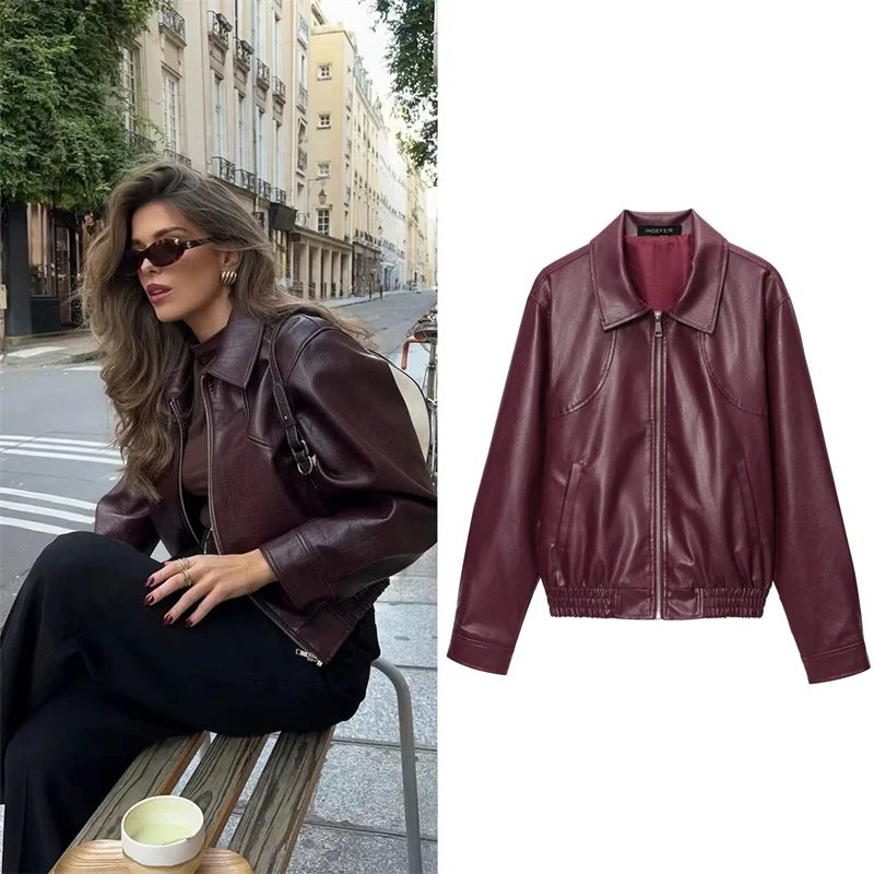 

2025 Women's New Jacket Fall Burgundy Long Sleeve Zipper Simple Jacket Casual Fashion Personality Versatile