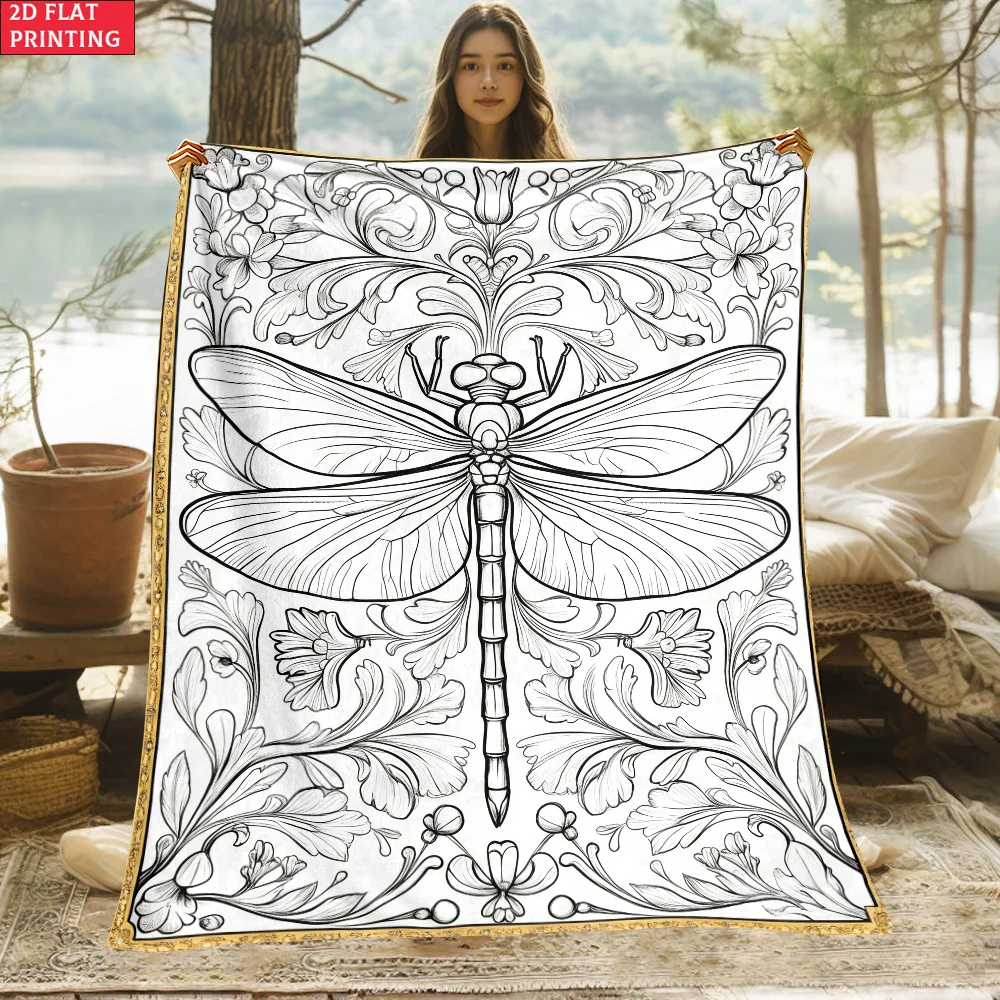 Decorative Dragonfly Floral Print Throw Blanket Bohemian Tapestry Line Art Cottagecore Sketch Nature Home Decor Cozy Winter Gift