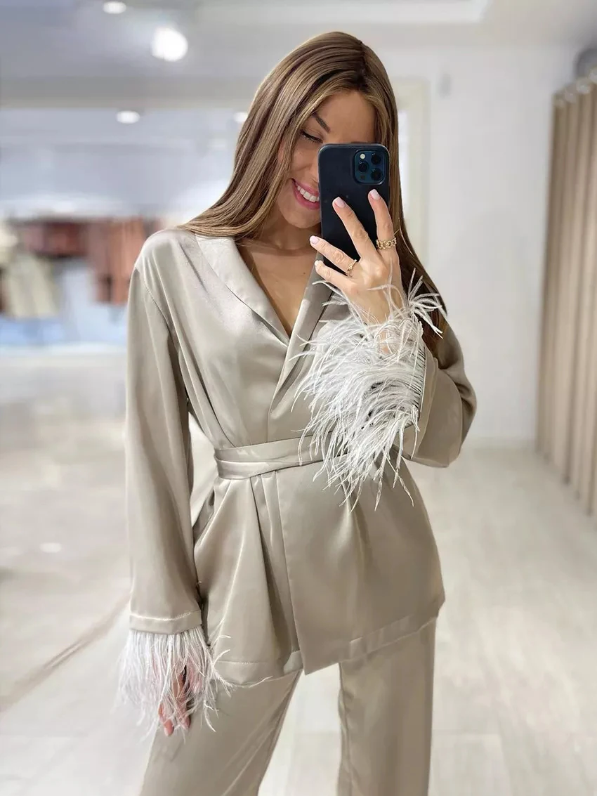 Satin Feather Pajamas for Women Spring Causal Loose Home Suit Luxury Sleepwear Long Sleeve Lace-Up Robes Two Piece Set Female