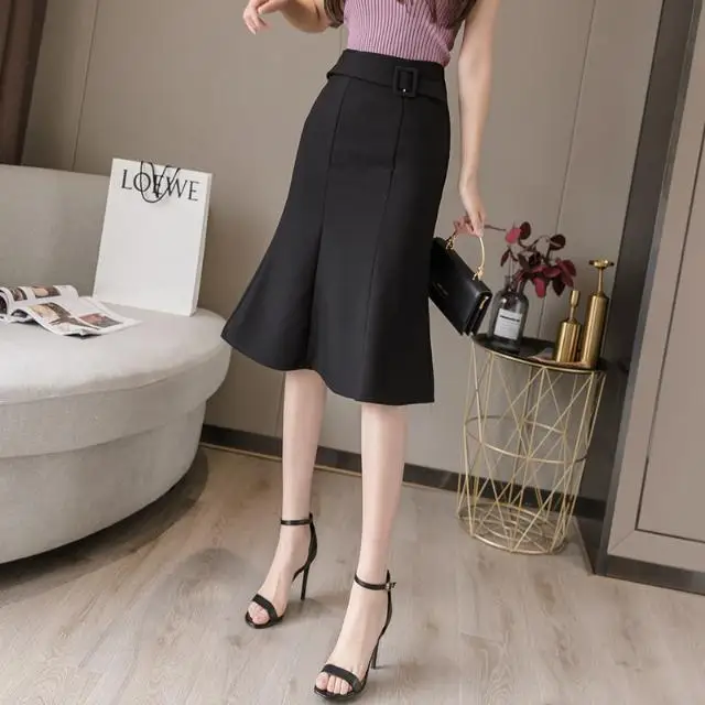 

20 Utumn New Arrival Elegant Sashes Casual Fishtail Skirt Fresh and Sweet Knee Length Slim Ruffles Mermaid Bodycon Skirts Y531