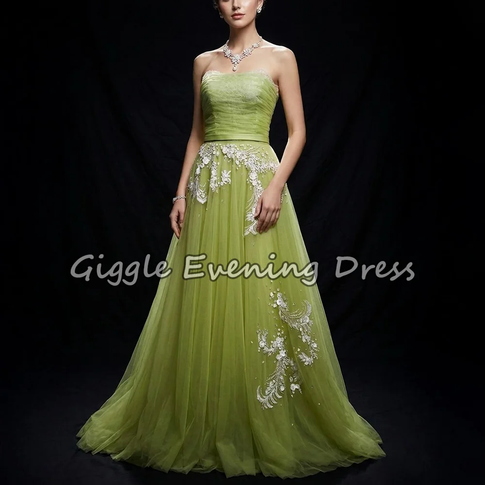 

Elegant Women's Tulle Applique Rhinestone Ruched A-Line Evening Dresses Modern Style Strapless Sleeveless Prom Dresses Customize
