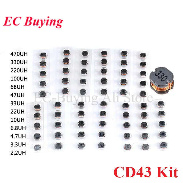 65pcs CD43 SMD Power Inductor Assortment Kit 2.2UH-470UH Chip Inductors High Quality CD43 Wire Wound Chip 5pcs*13Values