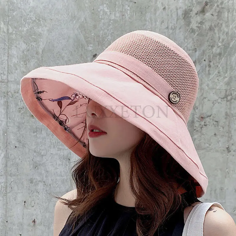 Summer Big Wide Brim Flower Sun Hat for Women Mesh UV Protection Beach Hat Female Net Foldable Sun Hats Lady\'s Bucket Hat