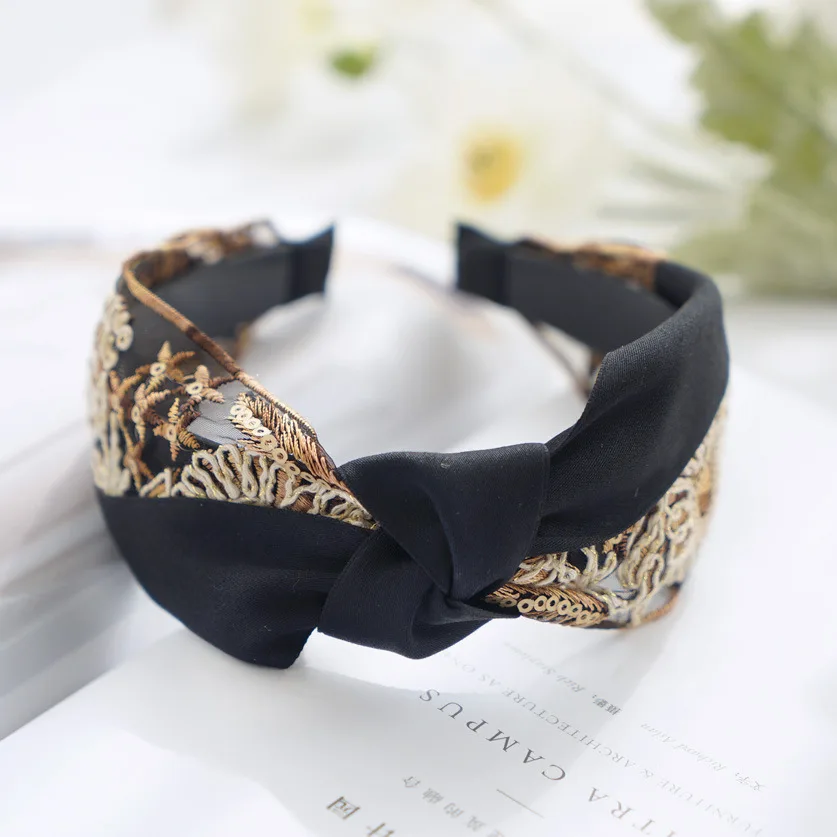 New Retro Palace Lace Princess Hair Bands Luxury Quality Knitted Embroidered Hair Accessories Fabric Knotted Headband Hair Hoops