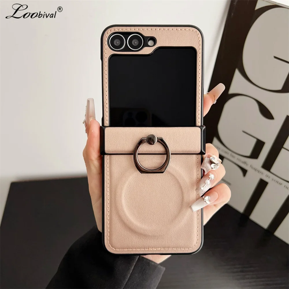 Luxury Leather Bracket Case for Samsung Galaxy Z Flip 6 5 4 3 7 ZFlip Magnetic Ring Holder Stand Shockproof Solid Color Cover