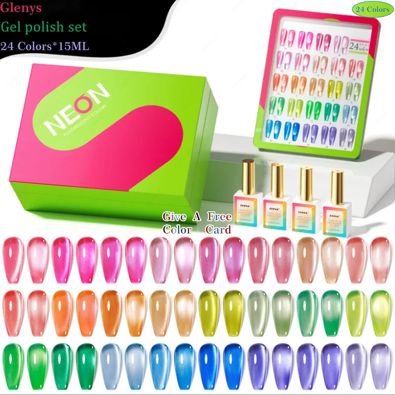 

Glenys 24 color neon cat eye nail polish gel net red popular natural formula silky dipping gel color matching card varnish set