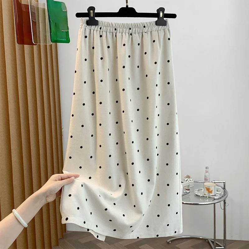 Summer New Cotton Linen Polka Dot Korean High Waist Slim Elastic Waist Straight Cut Midi Skirt Slit Thin Women's Skirt