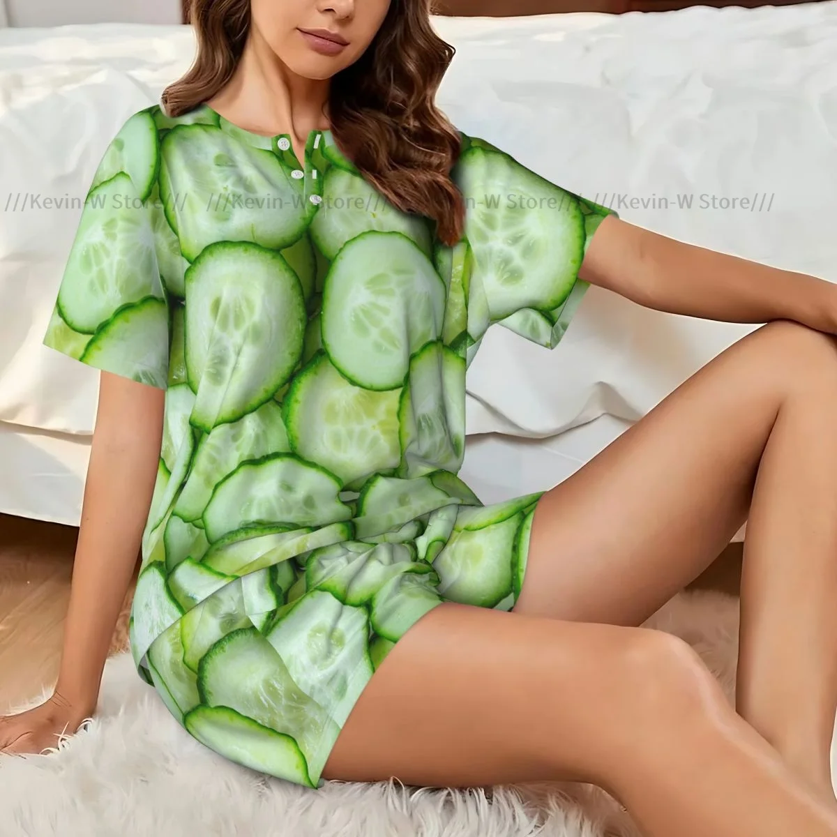 

Женская пижама из двух предметов, футболка с круглым вырезом и короткими рукавами, повседневный домашний пижамный комплект с принтом огурцов
