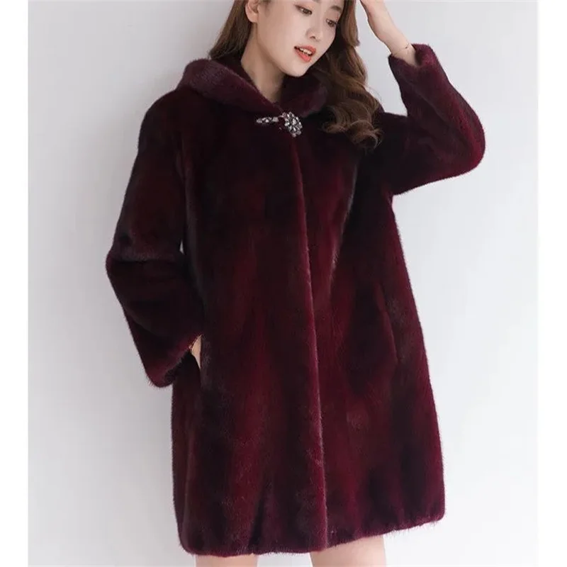 Middle Aged Mother Large Size 6XL Mink Fur Coat Winter Female Medium Long Styles Fur Jacket Lady Fashion Long Sleeves Plush Tops