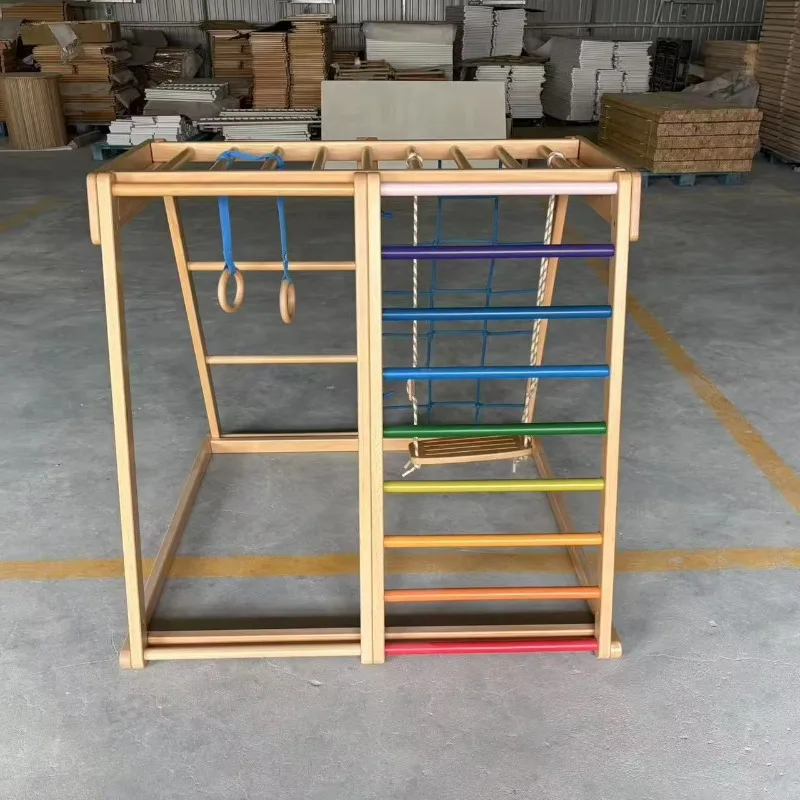 Wooden rainbow climbing frame indoor playground play structure with ladder swing and slide, suitable for children's activities