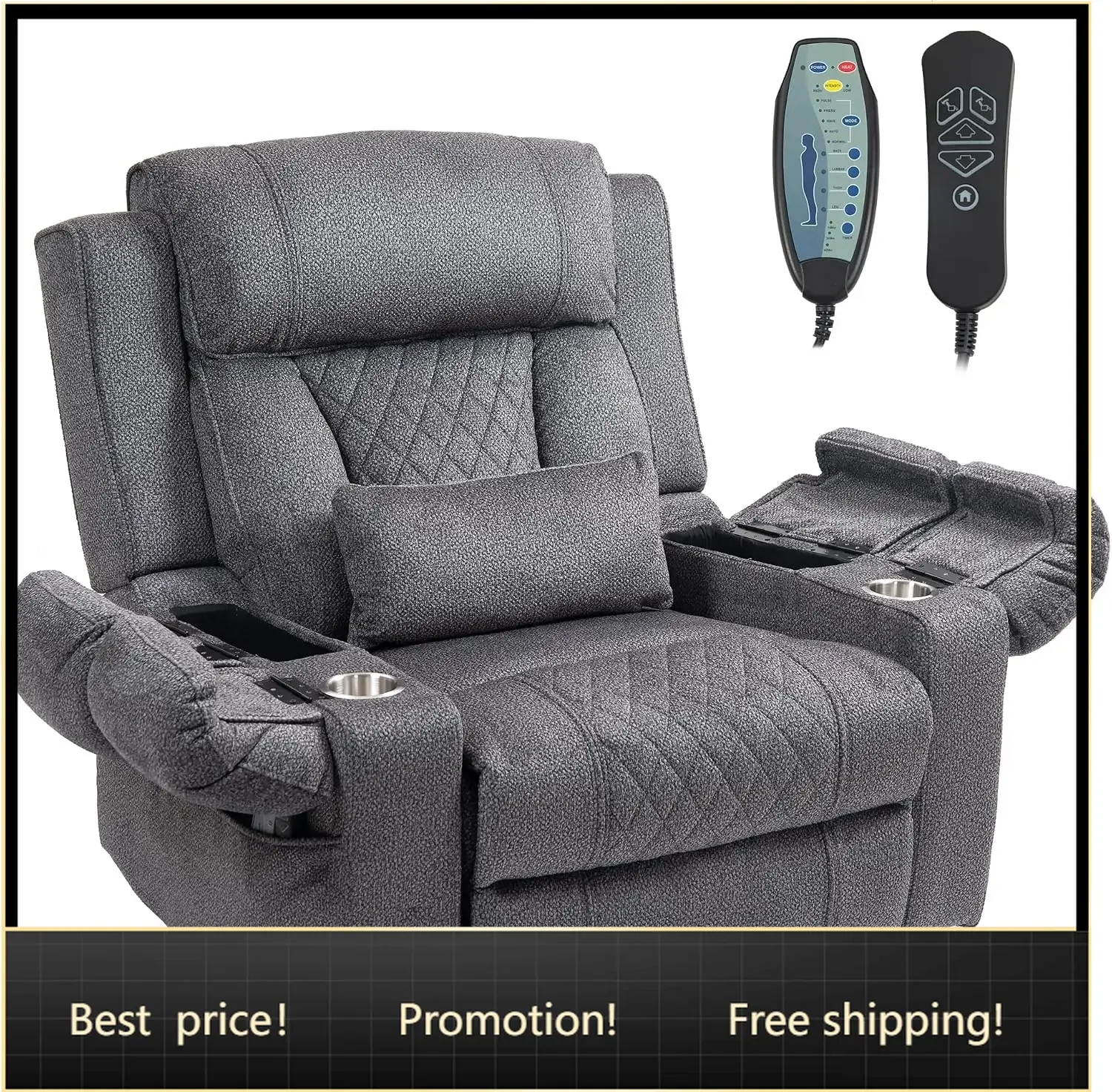 Big Man Power Lay Flat Lift Recliner Chair,Grey | Dual Motor Heat Vibration for Elderly, 28