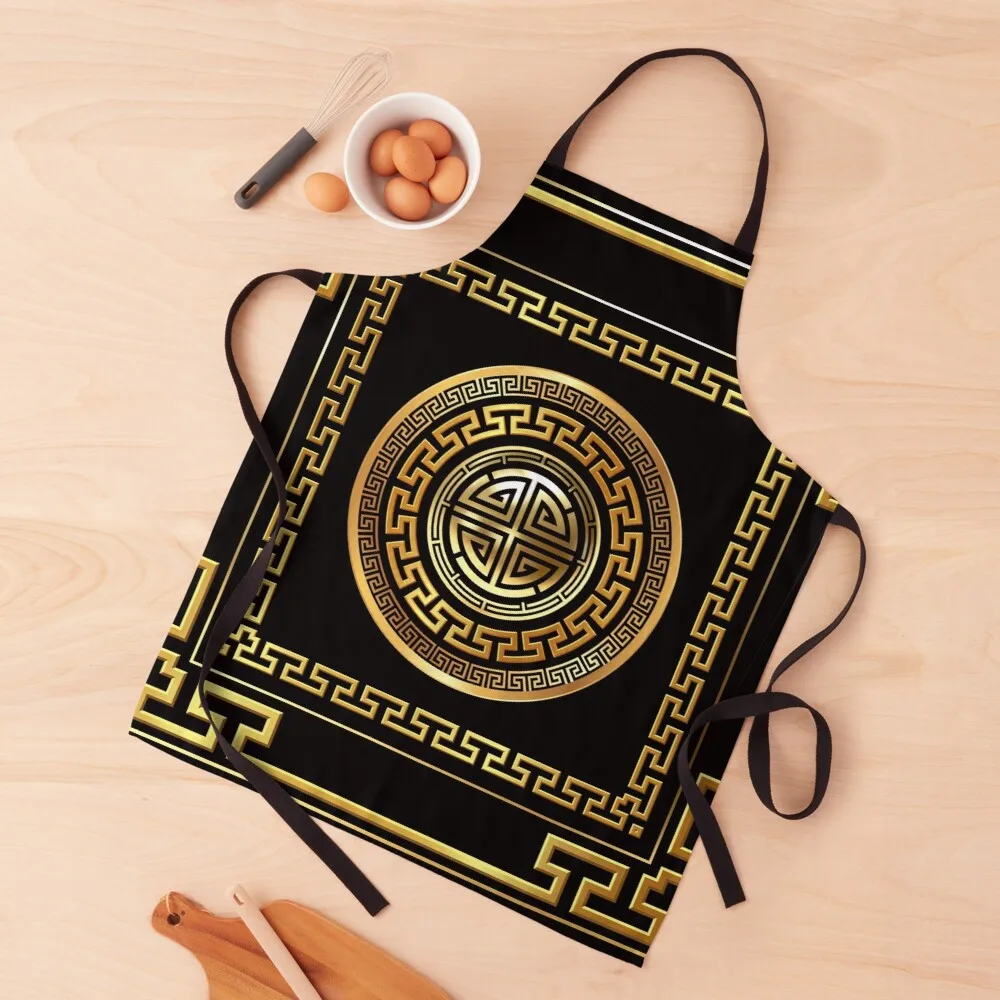 

Greek Key Meander Black Gold Large Apron Chef Kitchen Clothes Apron Ladies