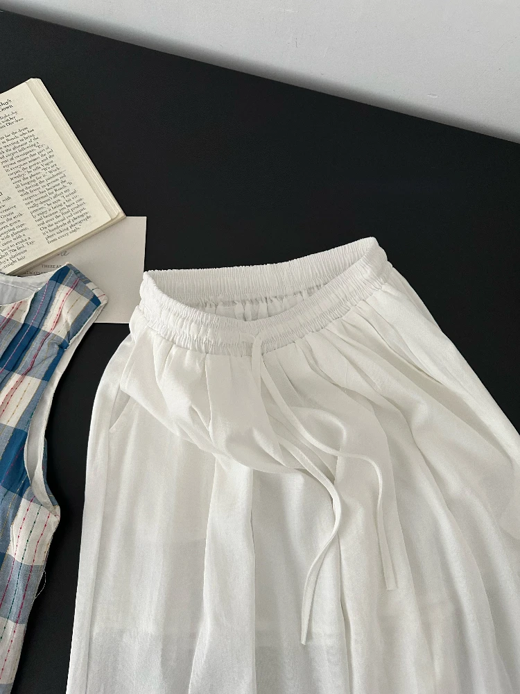 Fresco elegante casual 2 peça conjunto feminino azul xadrez sem mangas cami topo + branco solto calças de perna larga verão doce moda outfit