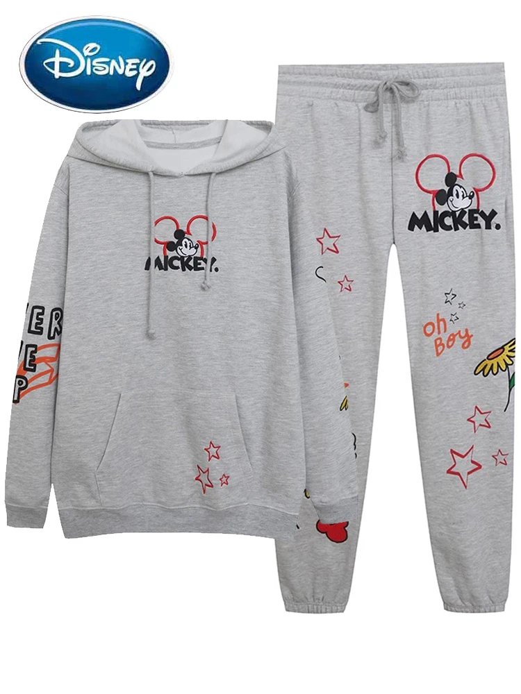 Disney Mickey Mouse Star Embroidery Cartoon Print Jacket Sweatshirt Women Casual Hooded Jumper Tops + Trousers Pants 1 Sets Gray