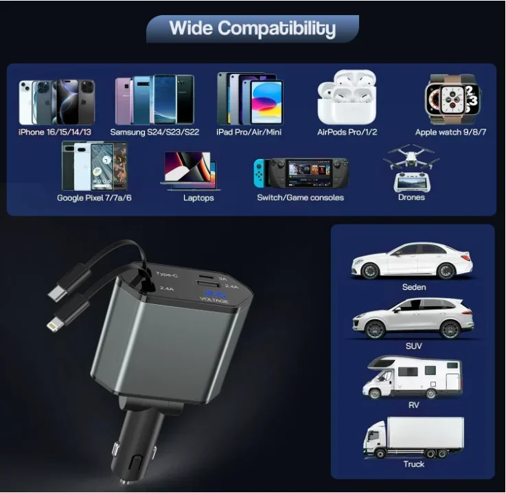 شاحن سيارة شحن سريع للغاية، كابل تلسكوبي 4 في 1، محول ولاعة سجائر لشحن السيارة قابل للسحب