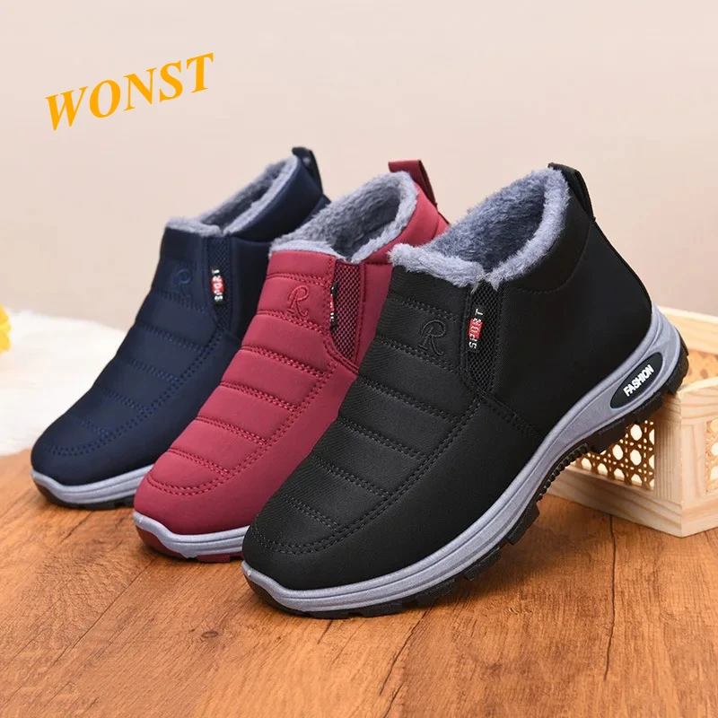WONST Winter Style Large Size Unisex Snow Boots Slip-On Warm Casual Lightweight Cotton Shoes Men's Women's Comfortable Flat Heel