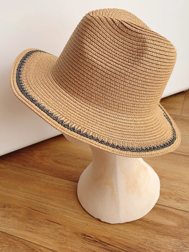 قبعة قش نسائية ، قبعة صيفية للعطلات ، الشاطئ والسفر ، مخطط ، مسطح ، مقاوم للشمس ، طراز ياباني
