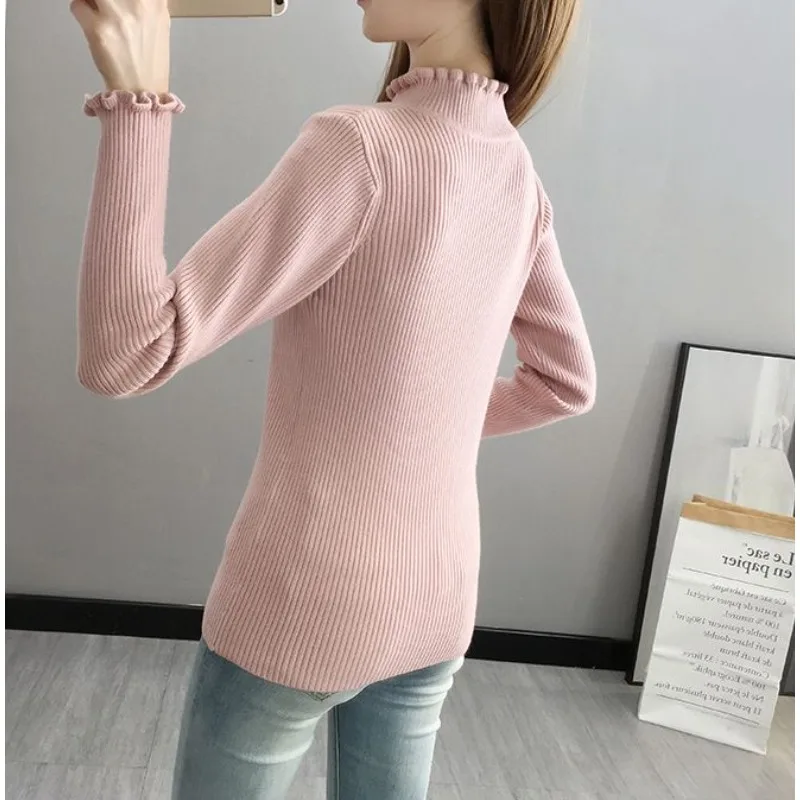 Suéter de Cuello medio alto para mujer, jersey básico de manga larga ajustado, color negro, estilo Simple, otoño e invierno, 2023