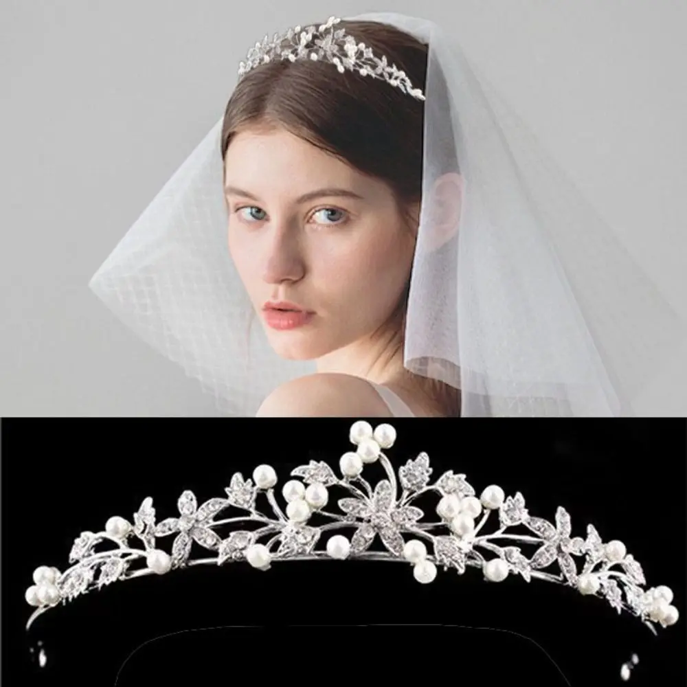 

2pcs Bride Headdress Flower Crystal Tiara Sparkling Princess Headband Rhinestone Queen Crown Ear Clip Gold Silver