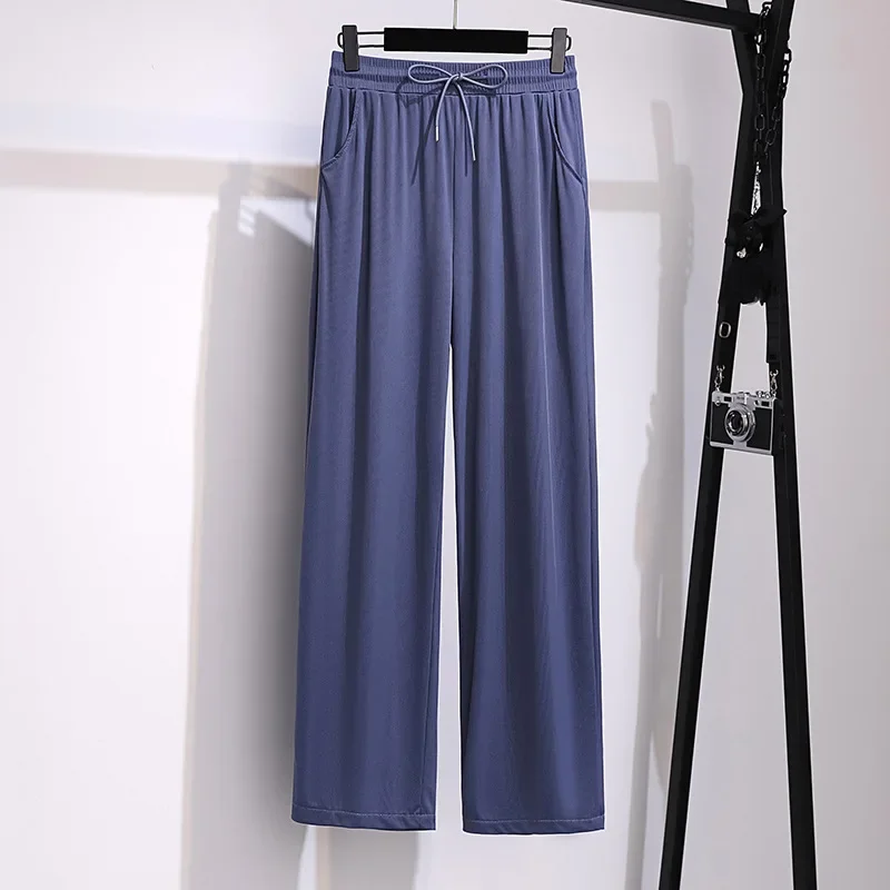 100/175kg Big Size Women Clothing Wide Legs Pants Show Thin Summer High Waist Straight Tube Pants Loose Ice Silk Cropped Pants