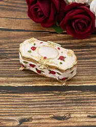 Metal Creative European Vintage Jewelry Box Small Gold white red floweHand-painted High-end Rose Jewelry Storage Box Cotton Swab