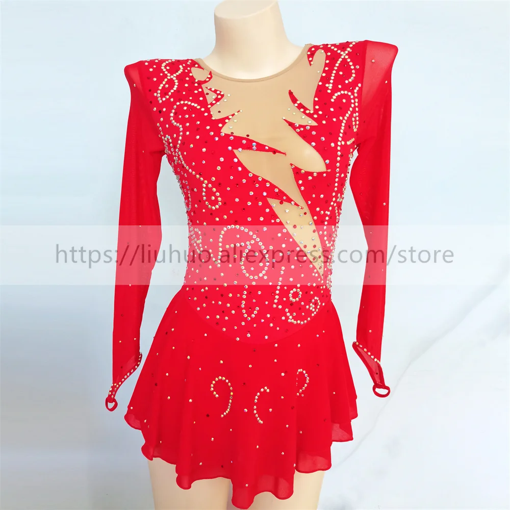 LIUHUO Women Aldult Teen Girl Customize Costume Performance Competition Leotard Ice Figure Skating Dress Dance Roller Red Modern