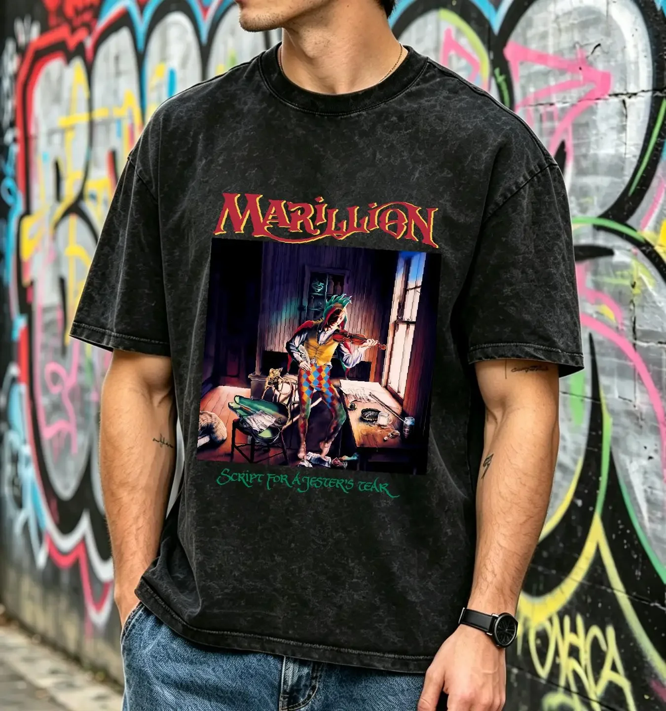 washed T Shirt Cotton Marillion Script for a Jester's Tear Album Steve Rothery vintage Washed homme Slightly streetwear