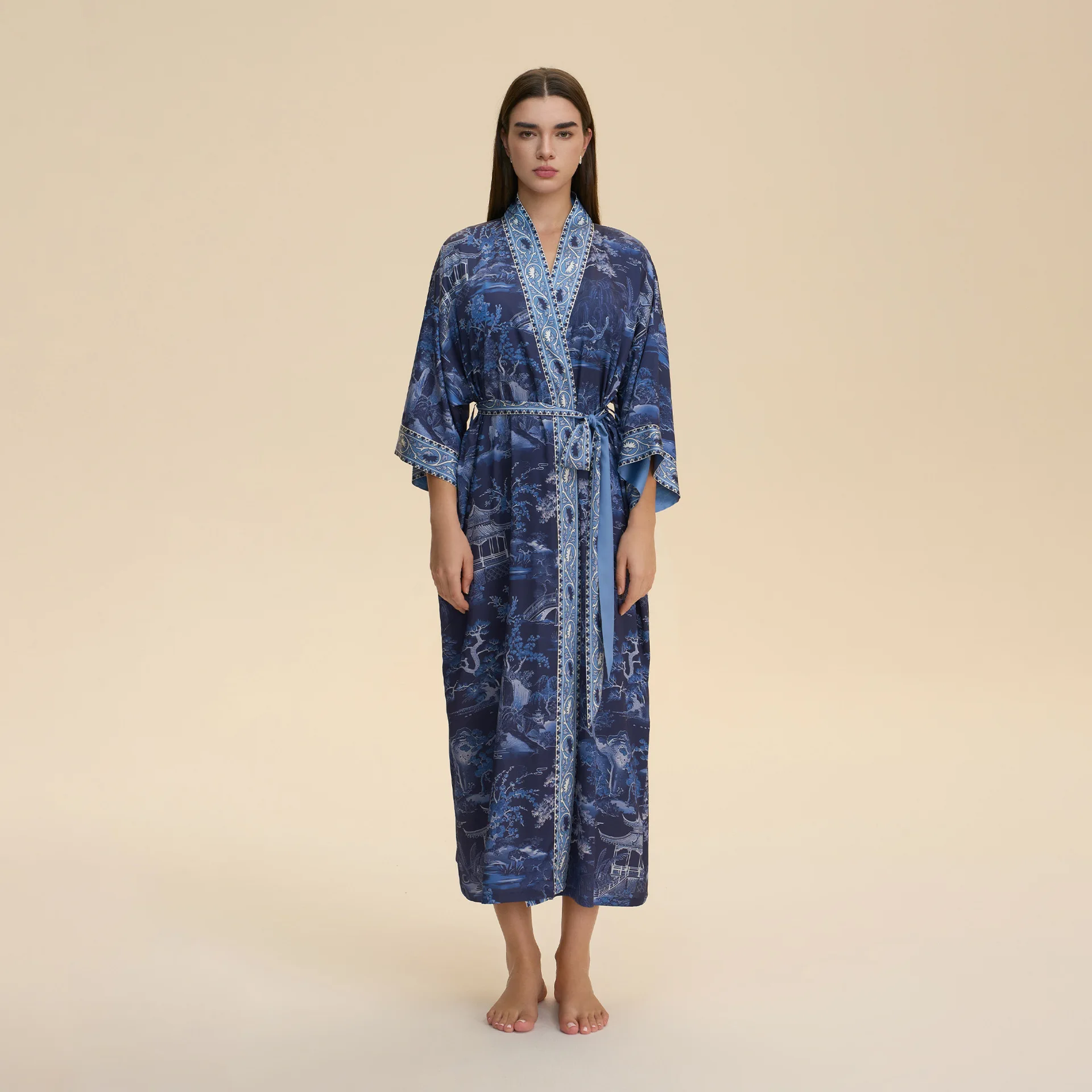 

Print Flower Women's Sleepwear Long Robe Kimono Bathrobe Loose Casual Home Clothes Spring Summer Loungewear