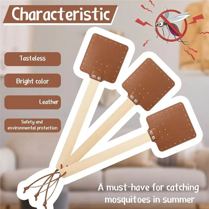 A74E-4 Pieces 17.3 Inch Fly Swatter Leather Fly Swatter Long Fly Swatter Manual Fly Swatter Wood Handle Bug Swatter