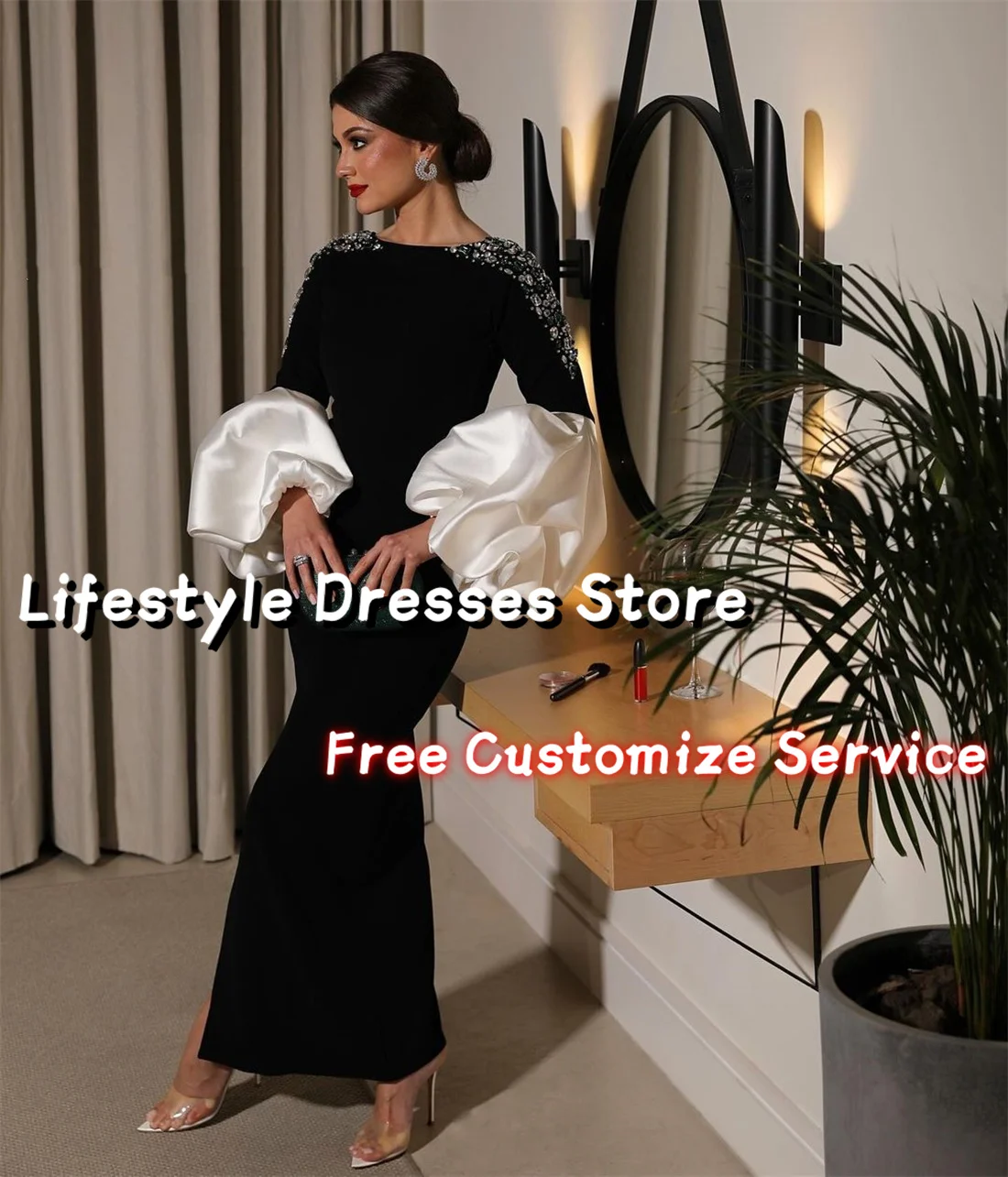 Customized Saudi Green Beaded Evening Dress Elegant Party Dress For Formal Occasion Puff Long Sleeves Sheath Prom Dress