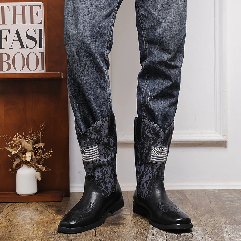 American Western Cowboy Boots with Patchwork Embroidery Sleeve Boots Mongolian Knight Camouflage Outdoor Motorcycle Boots