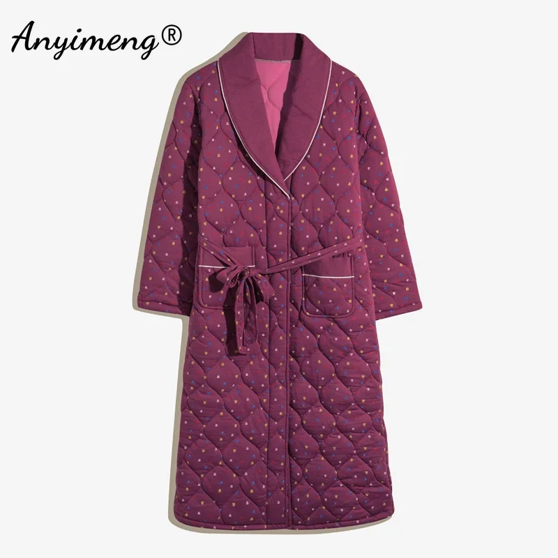 Thick Winter Home Coat Air 3 Layer Padded Knitted Cotton Bathrobe Warm Kimono Floral Printing Big Size Women\'s Bathrobe Robe New