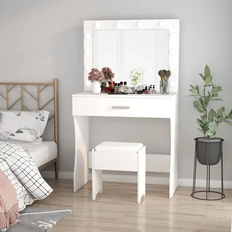 White Vanity Table with Mirror Charging Station Storage Stool Set for Bedroom Makeup Desk