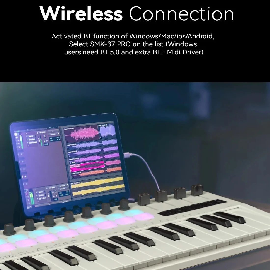 M-VAVE SMK-37 PRO 37-Key USB MIDI Controller with 16 RGB Pads & 8 Knobs Supports Software Operation for WINDOWS MAC IOS Android