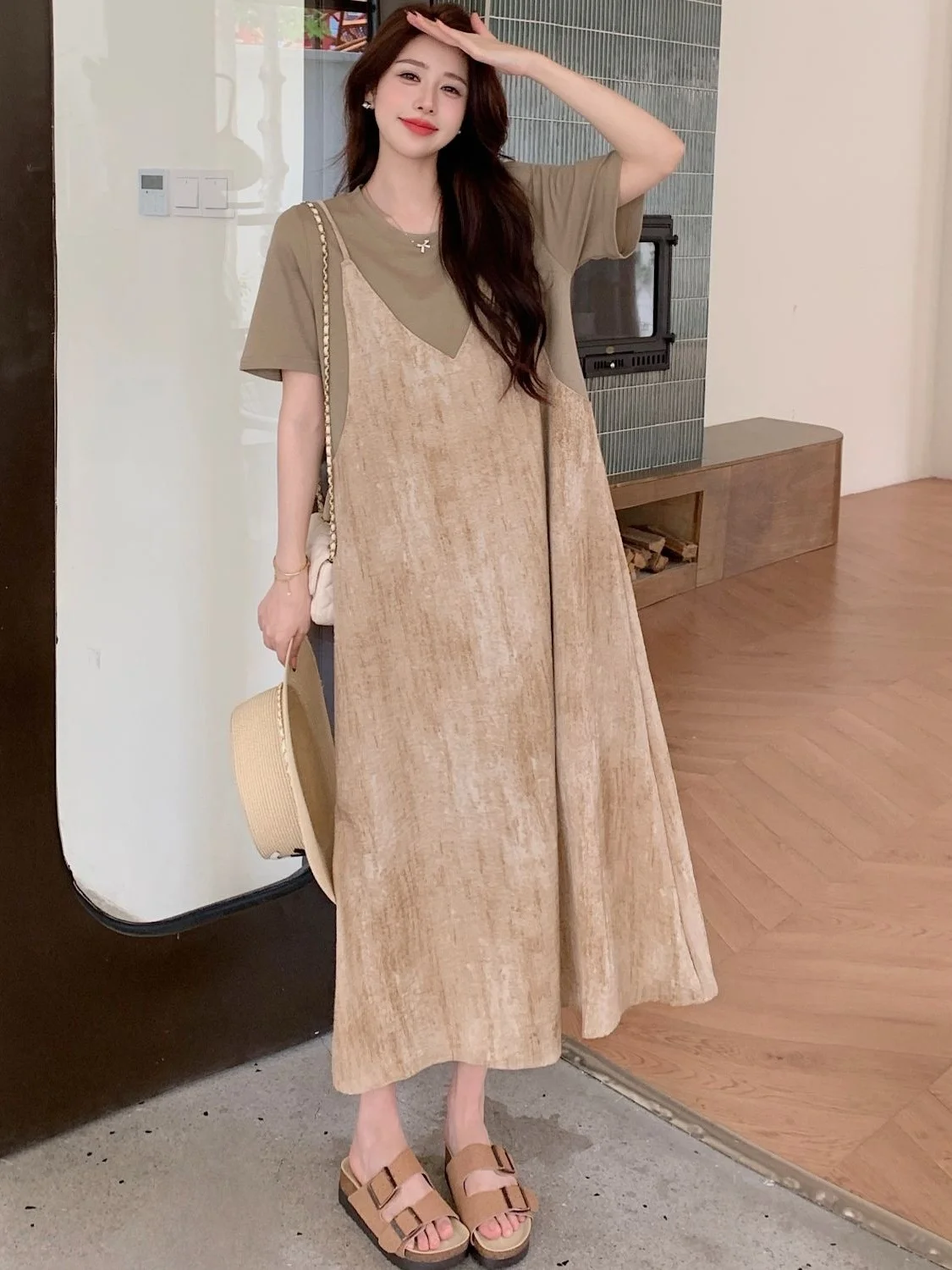 

Extra Large Size 300 Pou Ele Fake Two-Piece Strap Dr Women Summer Loose Manner Meat Covering Midi Dr