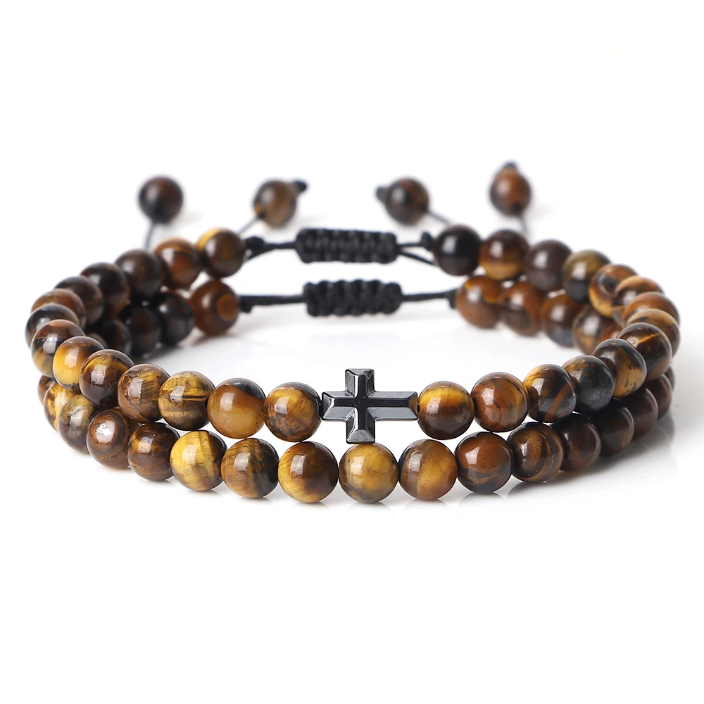 Couples Distance Beads Bracelet Fashion Hematite Cross Tiger Eye Stone Bracelets Handmade Yoga Prayer Jewelry Homme Bileklik