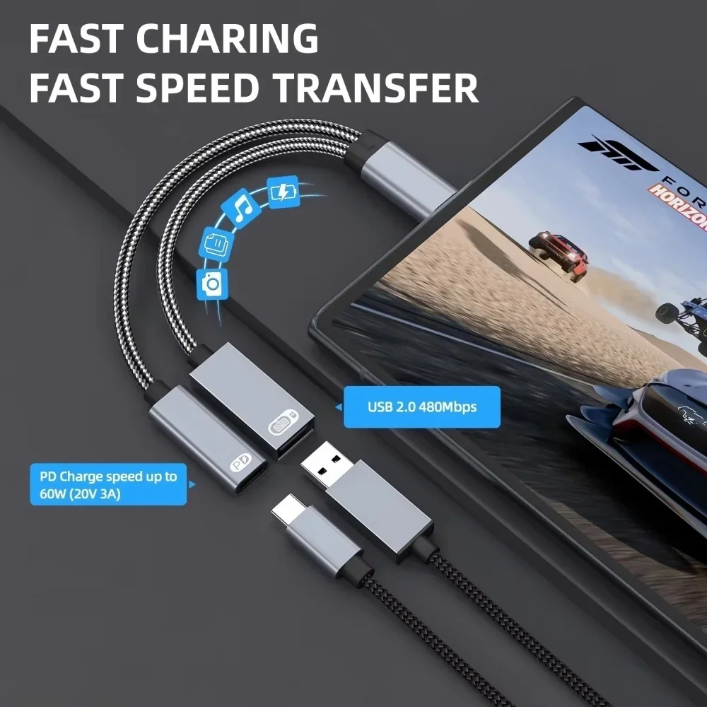 Portable USB Type C 2in1 OTG Cable Adapter PD Fast Charging Data Transfer Converter 125mm Length for Cell Phone Notebook Tablet