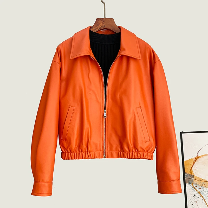 2025 automne hiver veste en peau de mouton manteaux pour femmes mode Simple fermeture éclair taille élastique femme en cuir véritable veste décontractée hauts