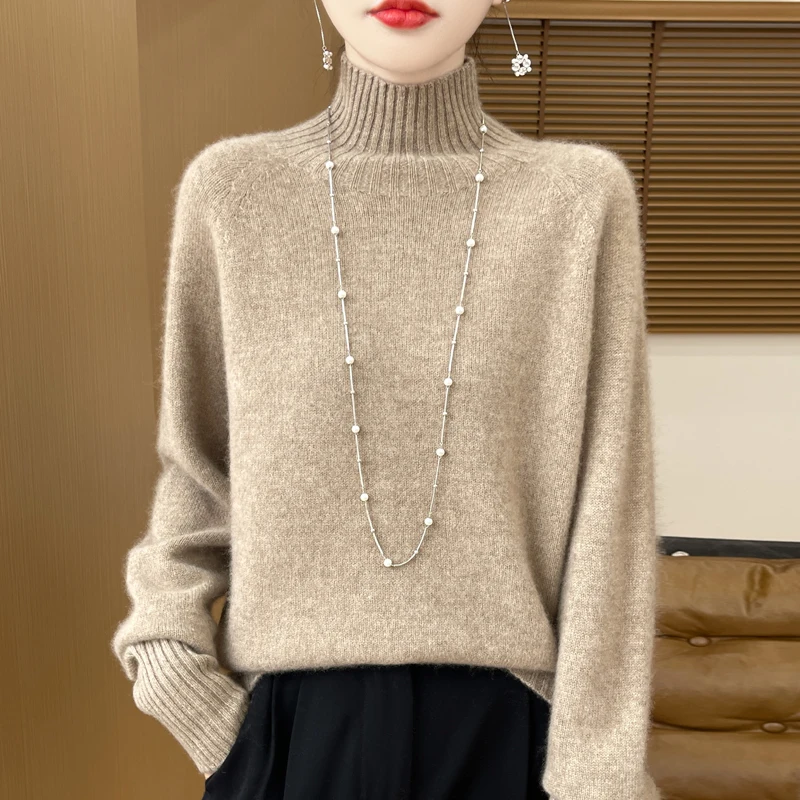 

Autumn and winter new women's sweater 100% pure wool solid color high-necked cashmere fashion thickened loose knit pullover.