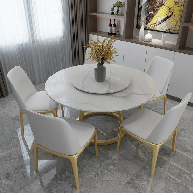 New Design 4 and 6 Seat Velvet Chairs Round Rotary Marble Top Modern Dining Table Set