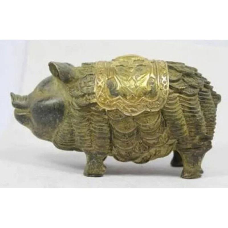 

Антикварные старые богатство ручной работы, свинья, медные свиньи ручной работы, надпись желаю богатства