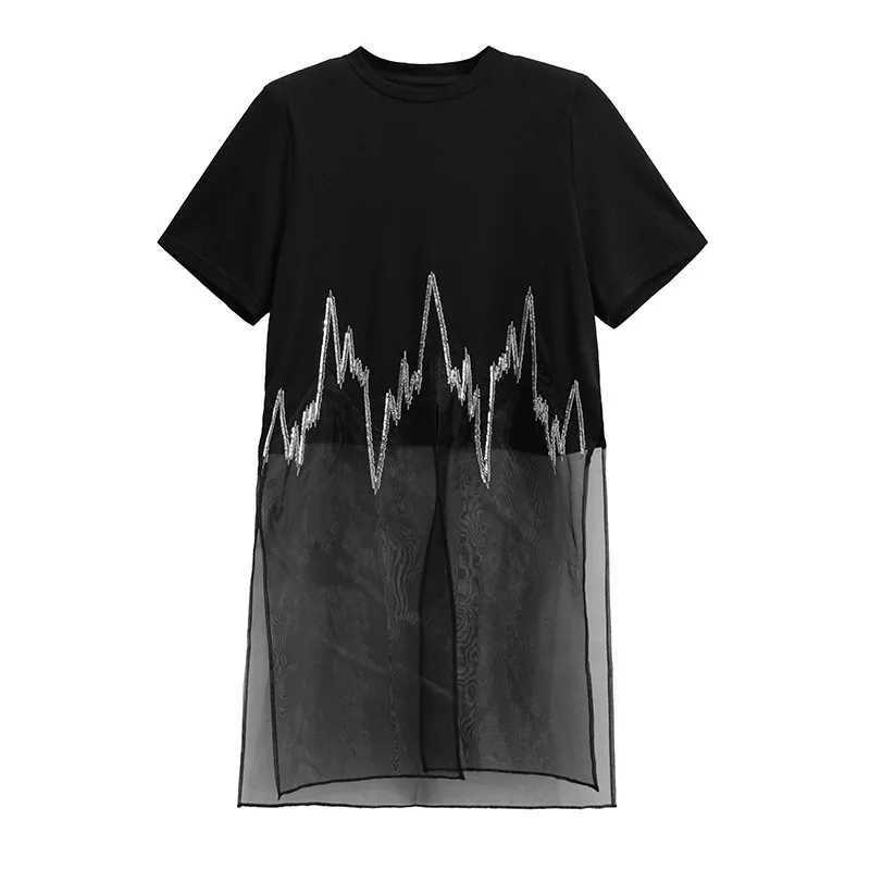 Tannt femmes robe asymétrie maille paillettes Patchwork asymétrie t-shirt robes irrégulière mode Perspective robes noires 2025 nouveau