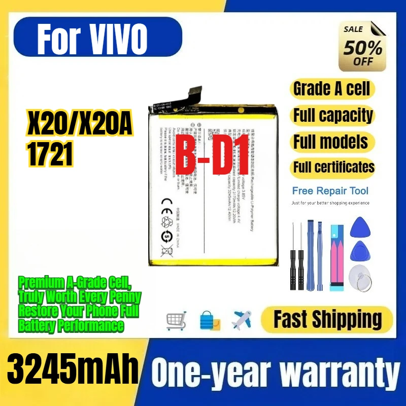 B-D1 for VIVO X20/X20A/1721 Phone Battery 0 Cycle High Quality High Capacity Battery Replacement Bateria Grade A Cell with Tools