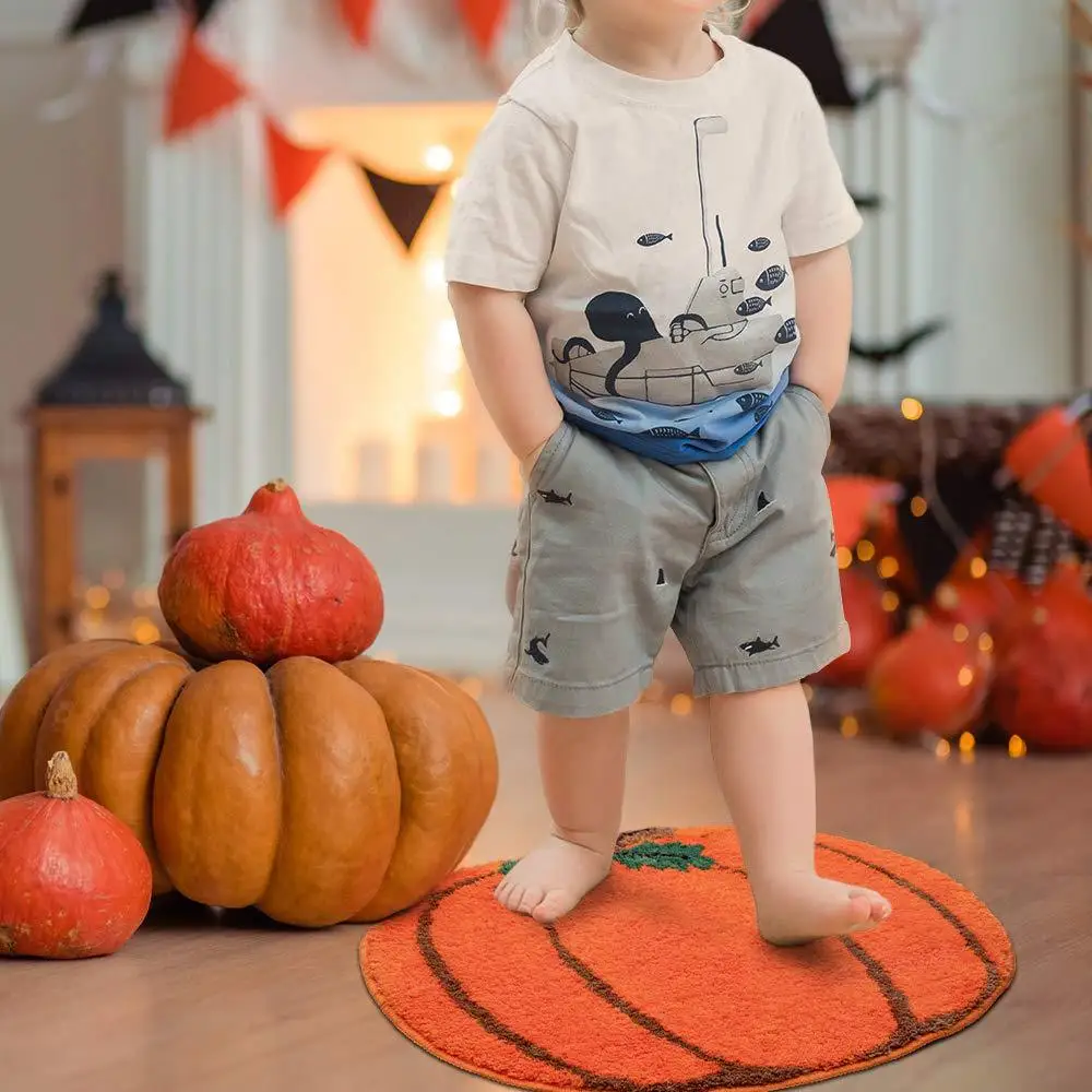 Cartoon Pumpkin Carpet Kids Play Tent Area Rug Flocking Lounge Rug Irregular Fluffy Tufted Rug Bedroom Halloween Decor Floor Mat
