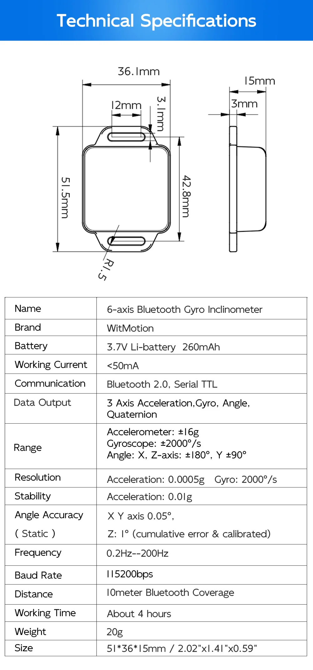 BWT61CL Giroscopio Bluetooth ad alta precisione a 6 assi + angolo (X、Y 0,05 ° ) + Accelerometro con filtro Kalman, registratore dati 100 Hz 6DOF