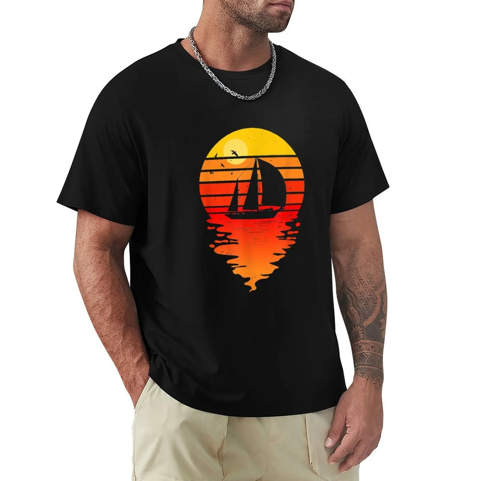 Vintage Sailing Sail Boat Sunset Retro Sailboat T-Shirt No Iron Casual Short Sleeve Top