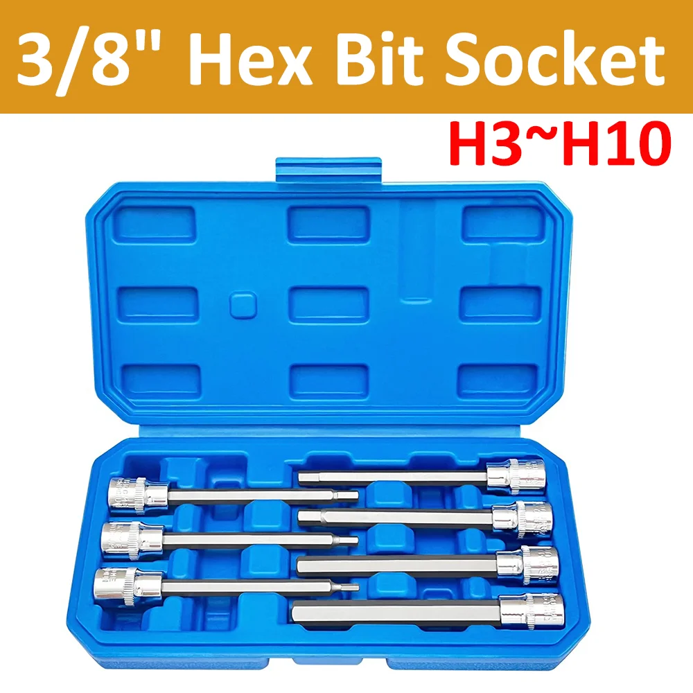 

Набор из 7 удлиненных шестигранных головок H3-H10 из материалов CR-V и S2, привод 3/8 дюйма, длина 110 мм, в коробке