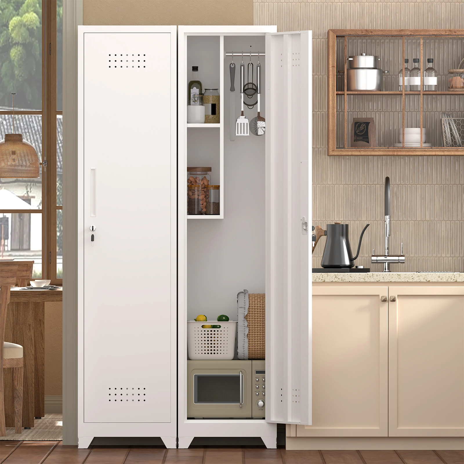 Broom Storage Cabinet With Locking Doors, Cleaning Tool Storage Cabinet With Hanging Rod & Hooks, Heavy-Duty Tool Garage Storage Cabinet For Utility Room